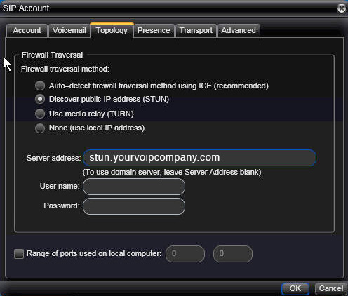 VoIP Hiway To activate STUN click Topology, under STUN server, click Use specified server: stun.yourvoipcompany.com